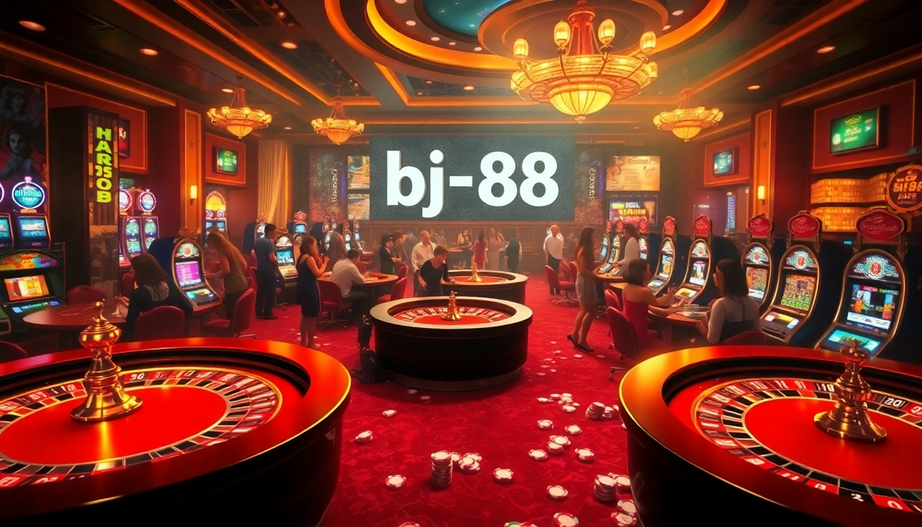 Experience the thrill of gambling with bj88 đăng nhập displayed at a busy casino table filled with excited players and vibrant lights.