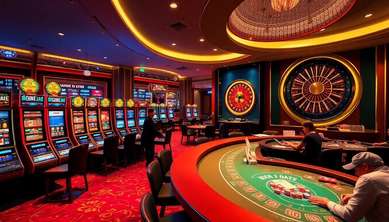 Experience gambling excitement at Nhà cái 123B's dynamic casino with vibrant slot machines and engaged poker players.