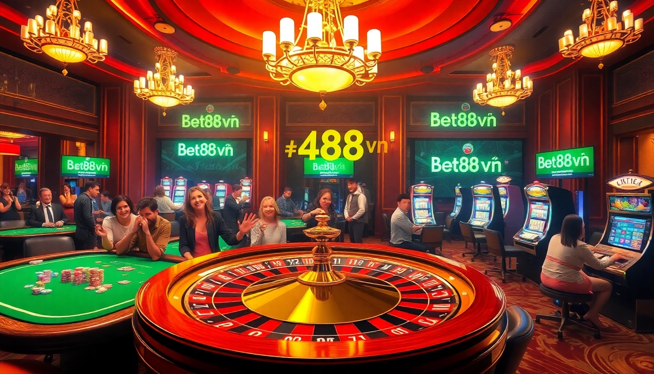 Players engaging in thrilling roulette at Bet88vn Casino, surrounded by a vibrant atmosphere filled with slot machines and colorful chips.