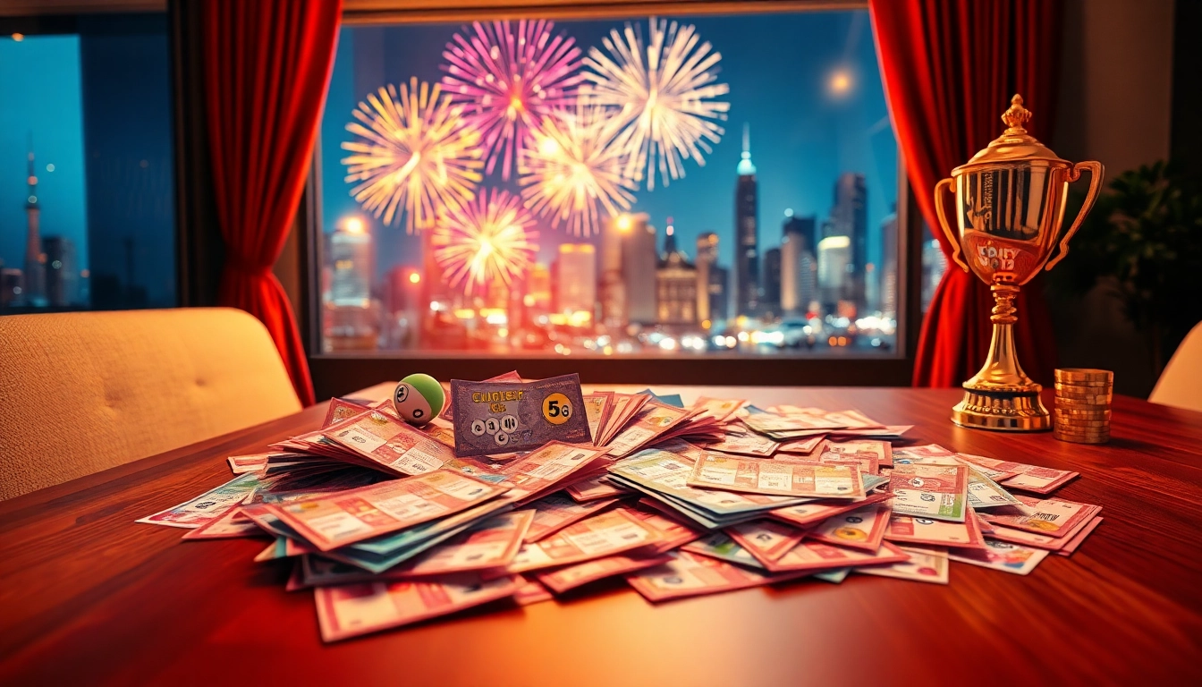 Exciting lottery tickets on a stylish table with cash and a trophy.