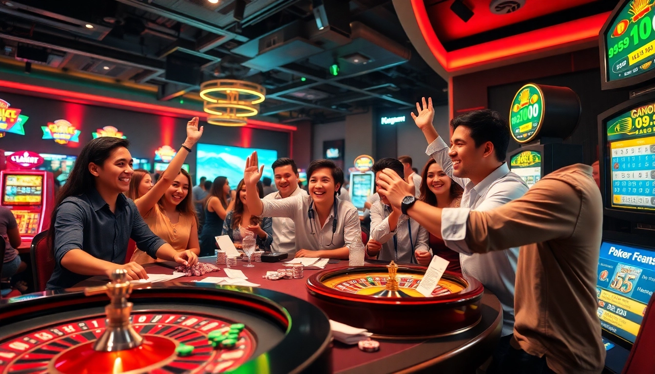 Players celebrating at a poker table featuring "bong da lu fun" poker chips right before a big win in a lively online casino.