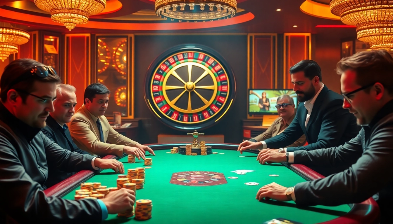 Experience high-stakes poker at f168.fit with vibrant casino atmosphere, chips, and roulette action.