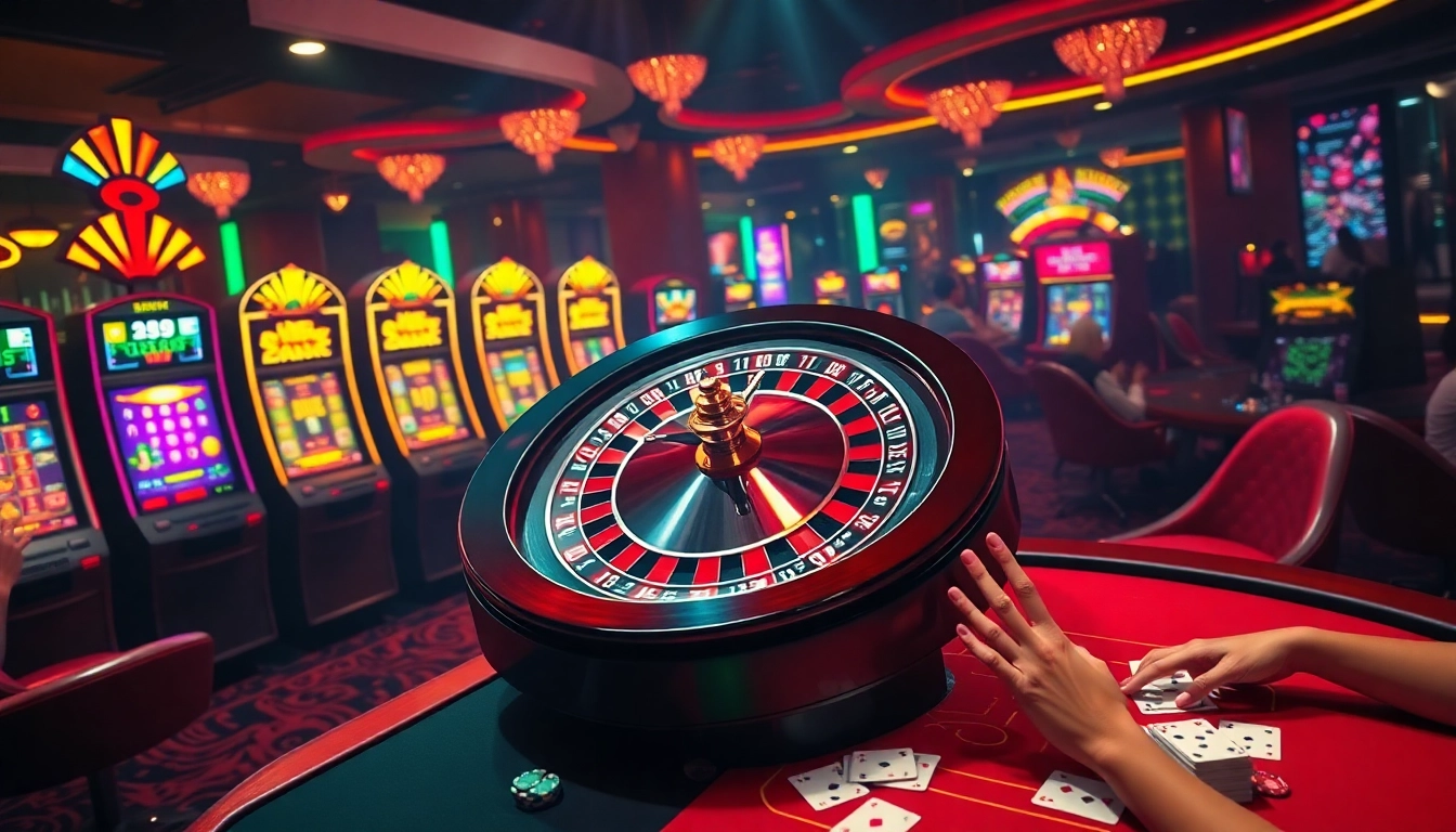 Experience the thrill of j88 nổ hũ with vibrant casino gameplay showcasing exciting slot machines and roulette action.