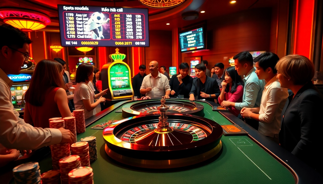 Players engaging with 'kèo nhà cái' at a roulette table in a buzzing casino atmosphere.