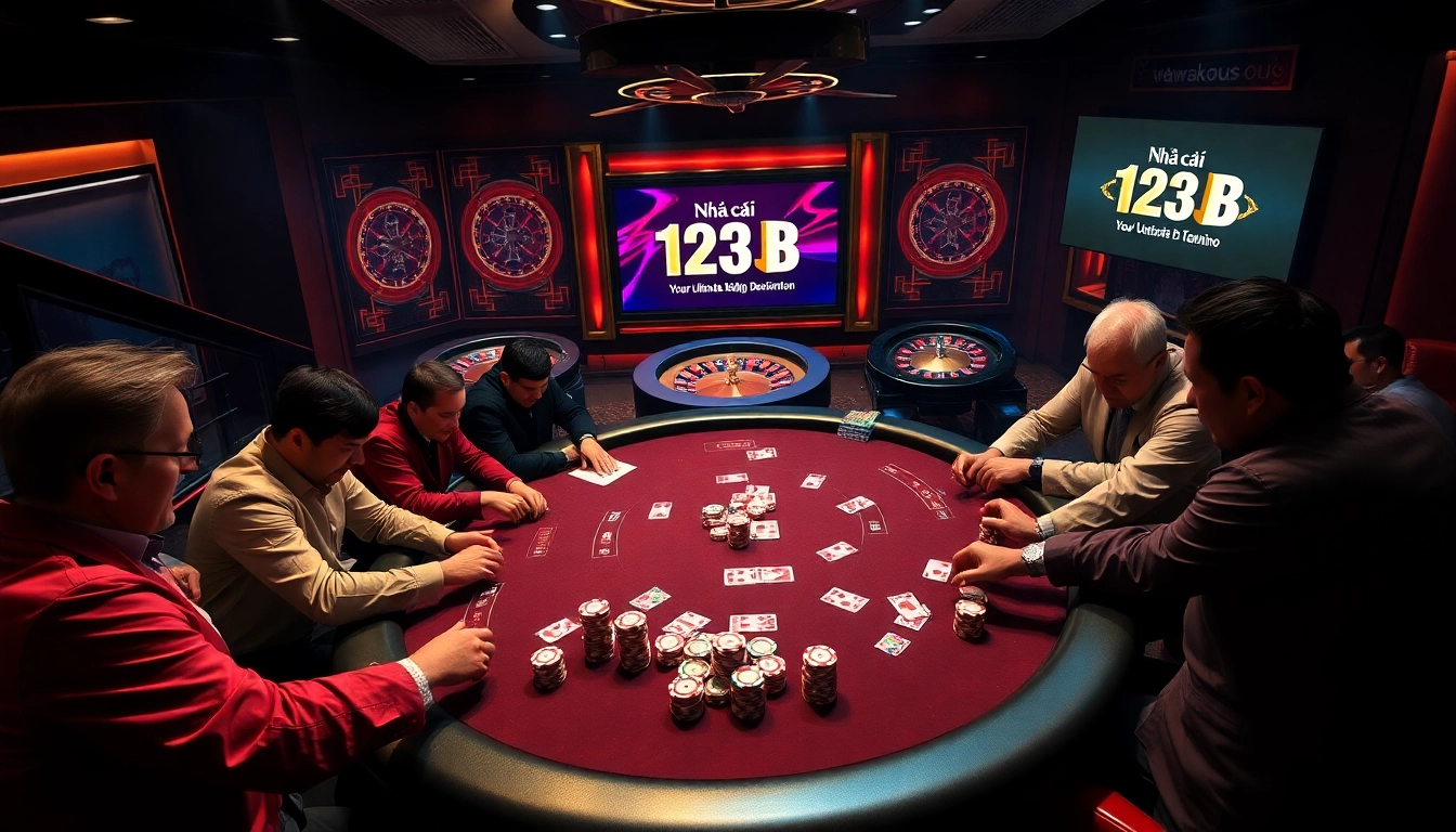 Poker players at a luxurious table in a vibrant casino setting at Nhà cái 123B, showcasing intense gambling action.