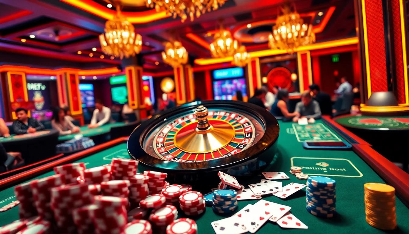 A lively casino scene showcasing Nhà cái 123B with roulette, poker tables, and vibrant players engaged in exciting gambling activities.