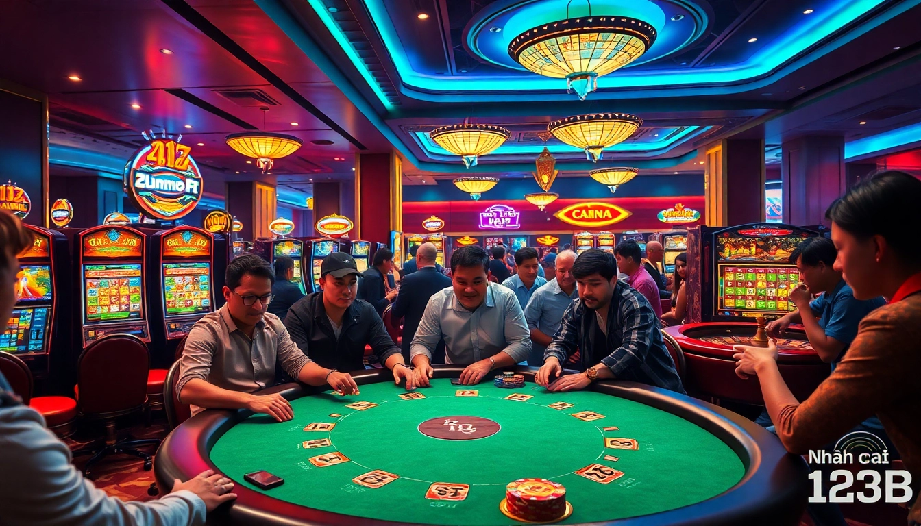 Gamblers at Nhà cái 123B reveling in the thrill of poker at a modern casino.