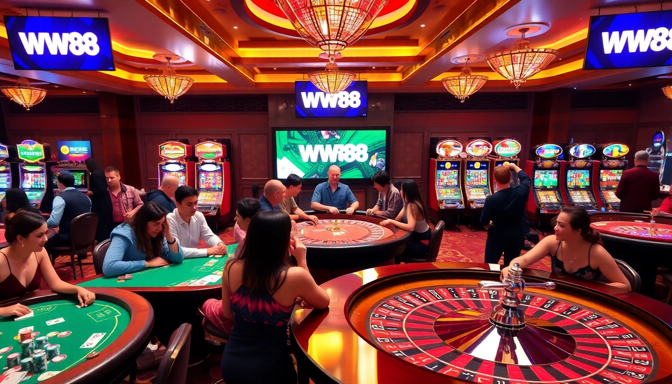 Experience the excitement of WW88 with lively casino games featuring poker chips, cards, and vibrant slot machines.