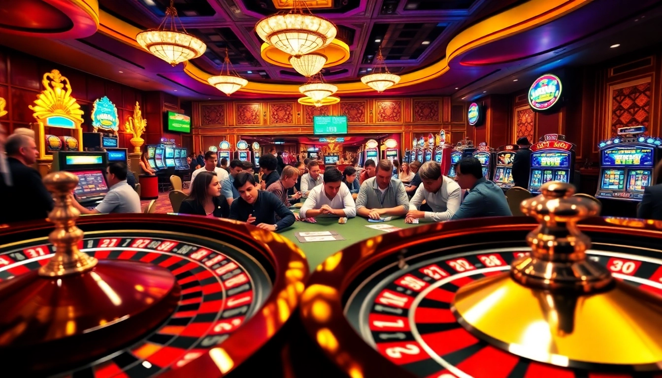 HGO909 daftar showcasing players at a poker table amidst a vibrant casino scene full of lively activities.
