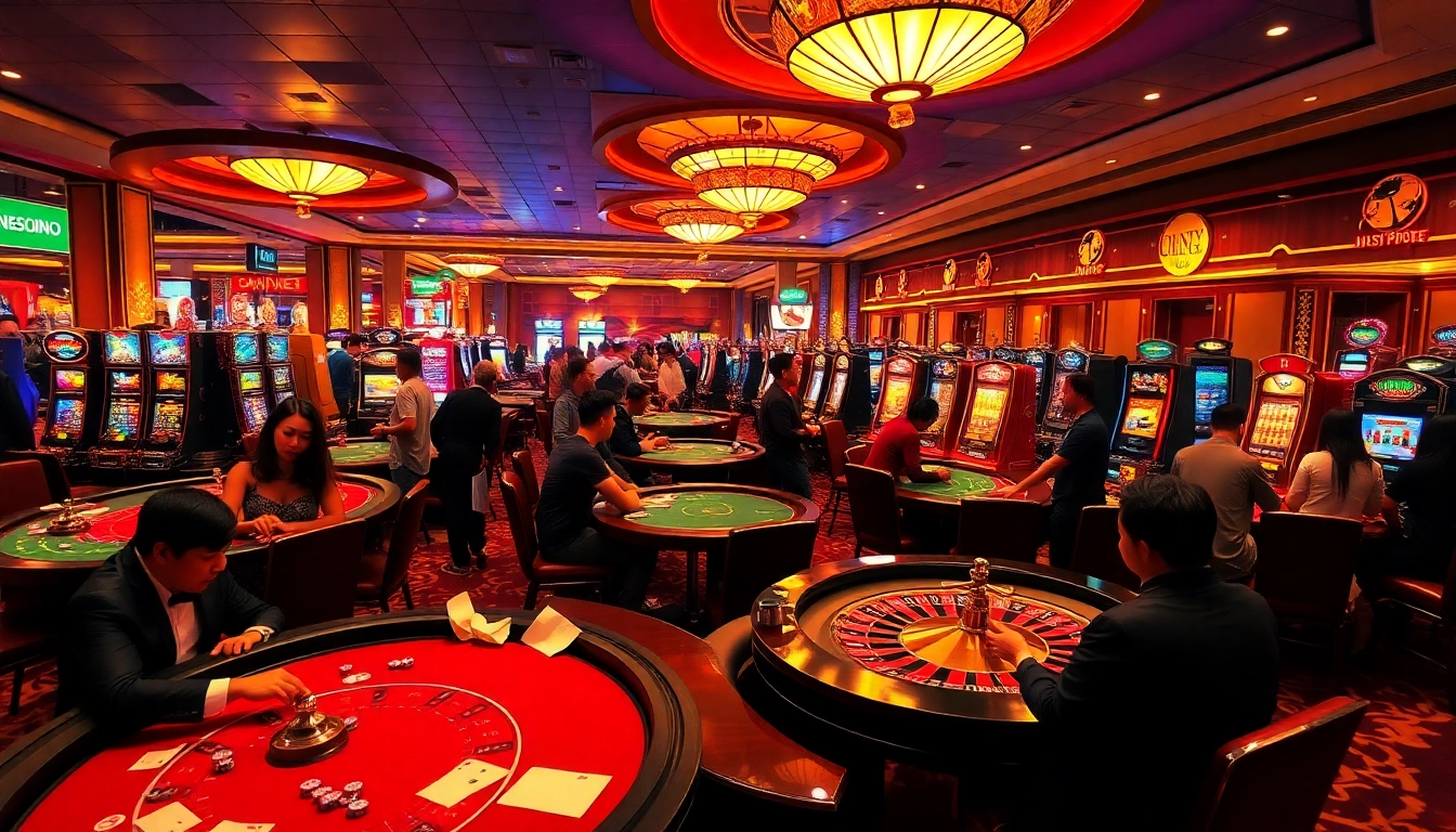Experience the energy of Nhà cái uy tín in a bustling casino filled with players at blackjack tables, vibrant slot machines, and exciting roulette games.