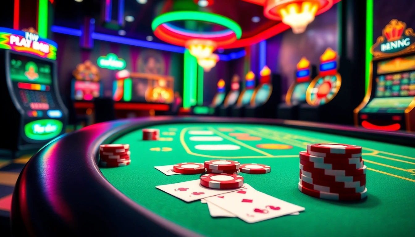 Experience the excitement of sân chơi 68 game bài with a detailed online casino setting featuring vibrant tables and slots.