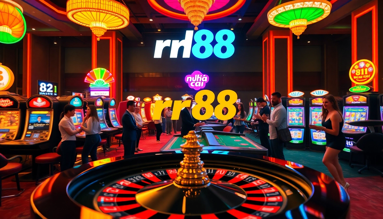 Explore the thrilling atmosphere of nhà cái rr88, featuring engaged players at casino tables, roulette, and vibrant slot machines.