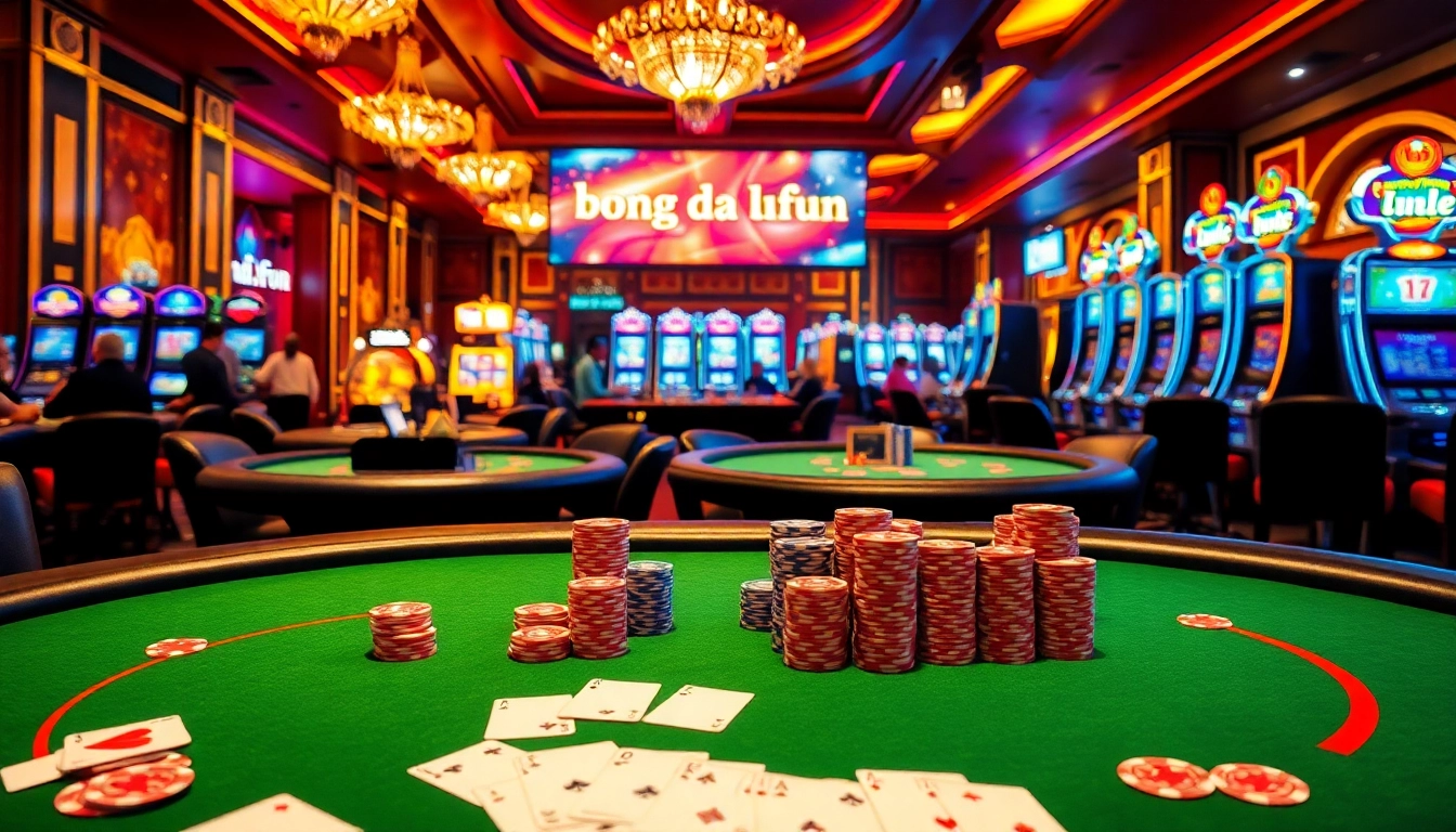 Experience the excitement of "bong da lu fun" with players enjoying vibrant casino tables, chips, and roulette wheels.