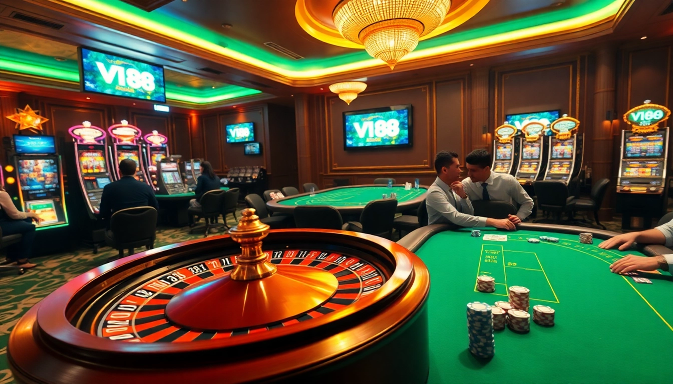 VU88 casino hall featuring a vibrant roulette wheel, players at a poker table, and dazzling slot machines.