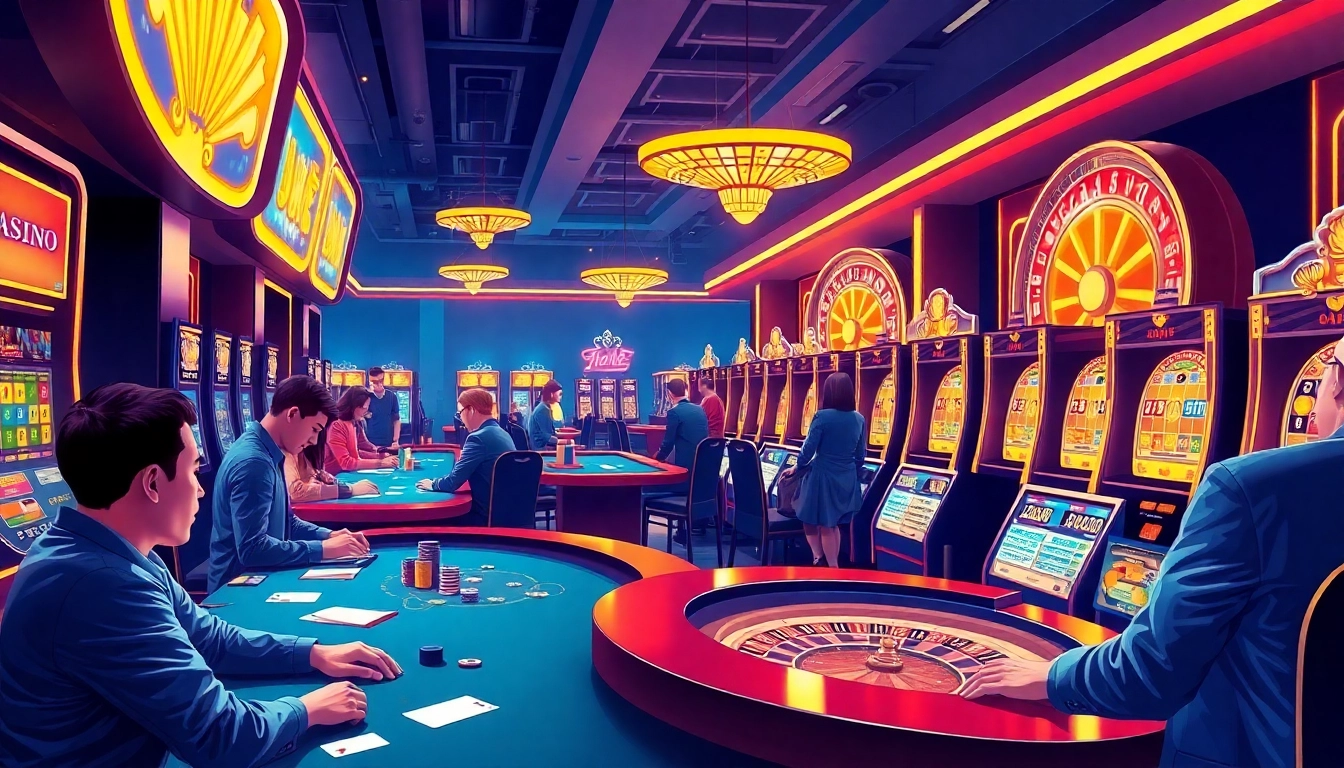 Experience the thrills of bong da lu fun in a vibrant online casino, featuring players at dynamic poker tables and dazzling slot machines.