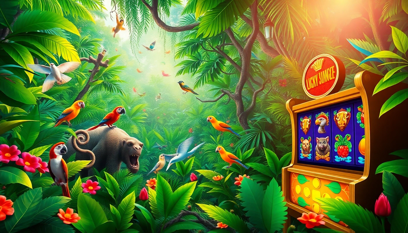 Explore the vibrant Lucky Jungle filled with exotic animals and lively casino vibes.