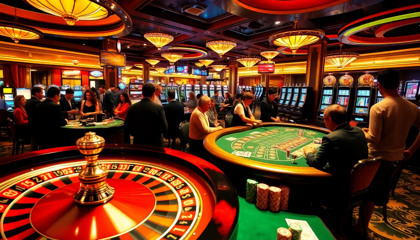 A vibrant scene at a bustling casino featuring a roulette wheel, emphasizing trang nhà cái uy tín with players engaged in thrilling bets.