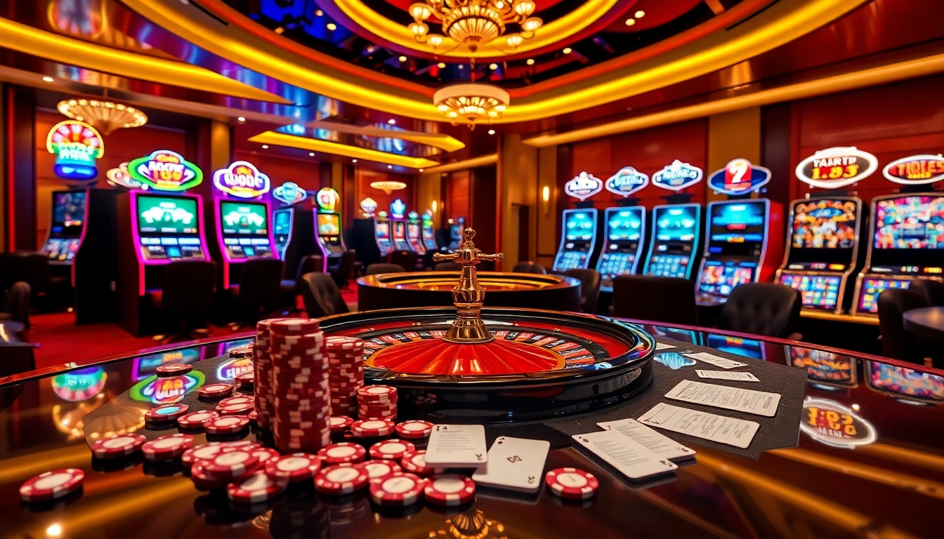 VU88 offers thrilling casino experiences with lively poker tables and bright slot machines in a vibrant online gaming backdrop.
