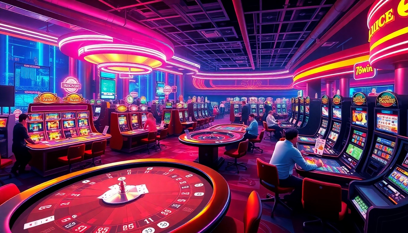 Experience the thrilling atmosphere of trang chủ 78win, showcasing vibrant casino games with players at the tables.