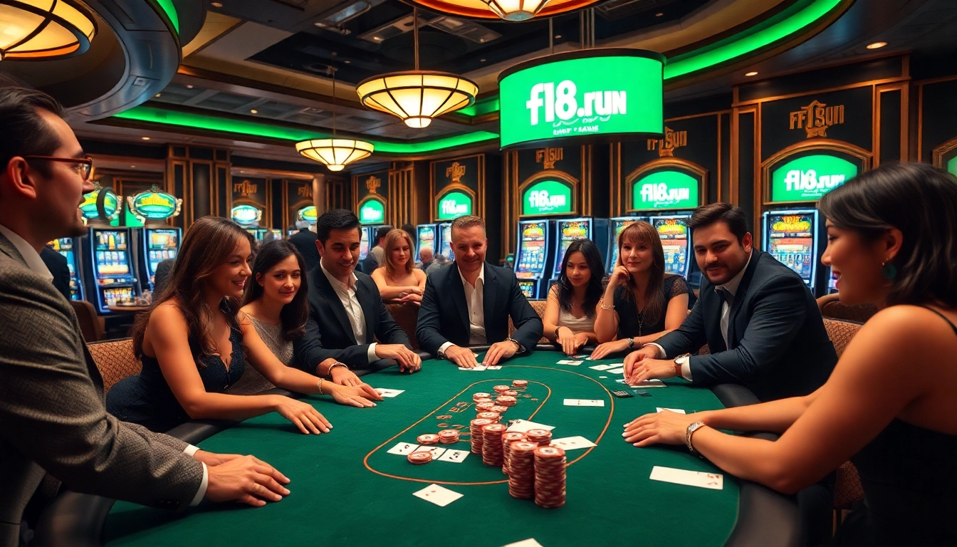 Feel the thrills of f168.run while players engage in an exciting blackjack game in a vibrant casino setting.