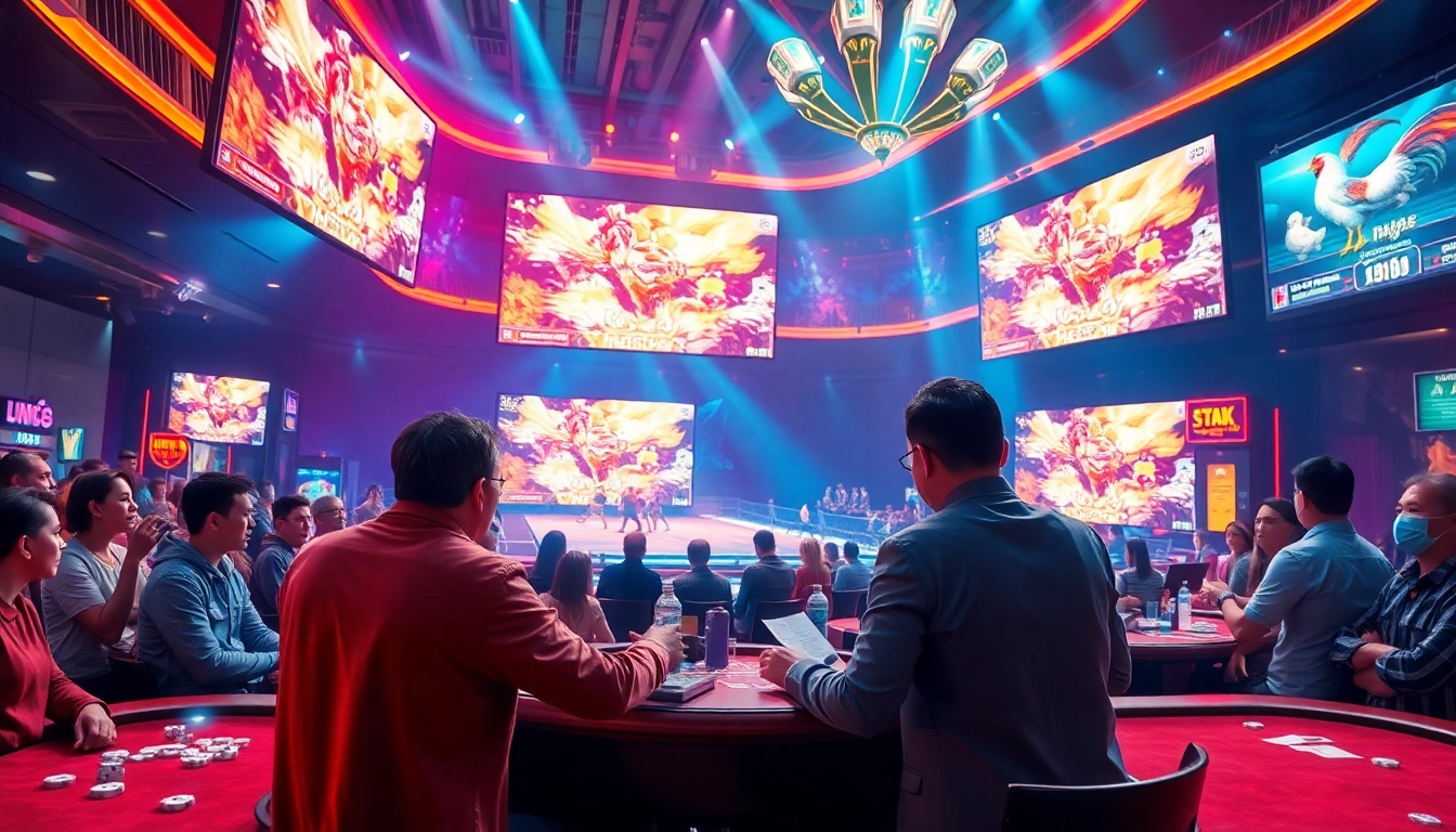 Experience the thrill of xem đá gà thomo at a vibrant casino setting with enthusiastic fans and live betting action.