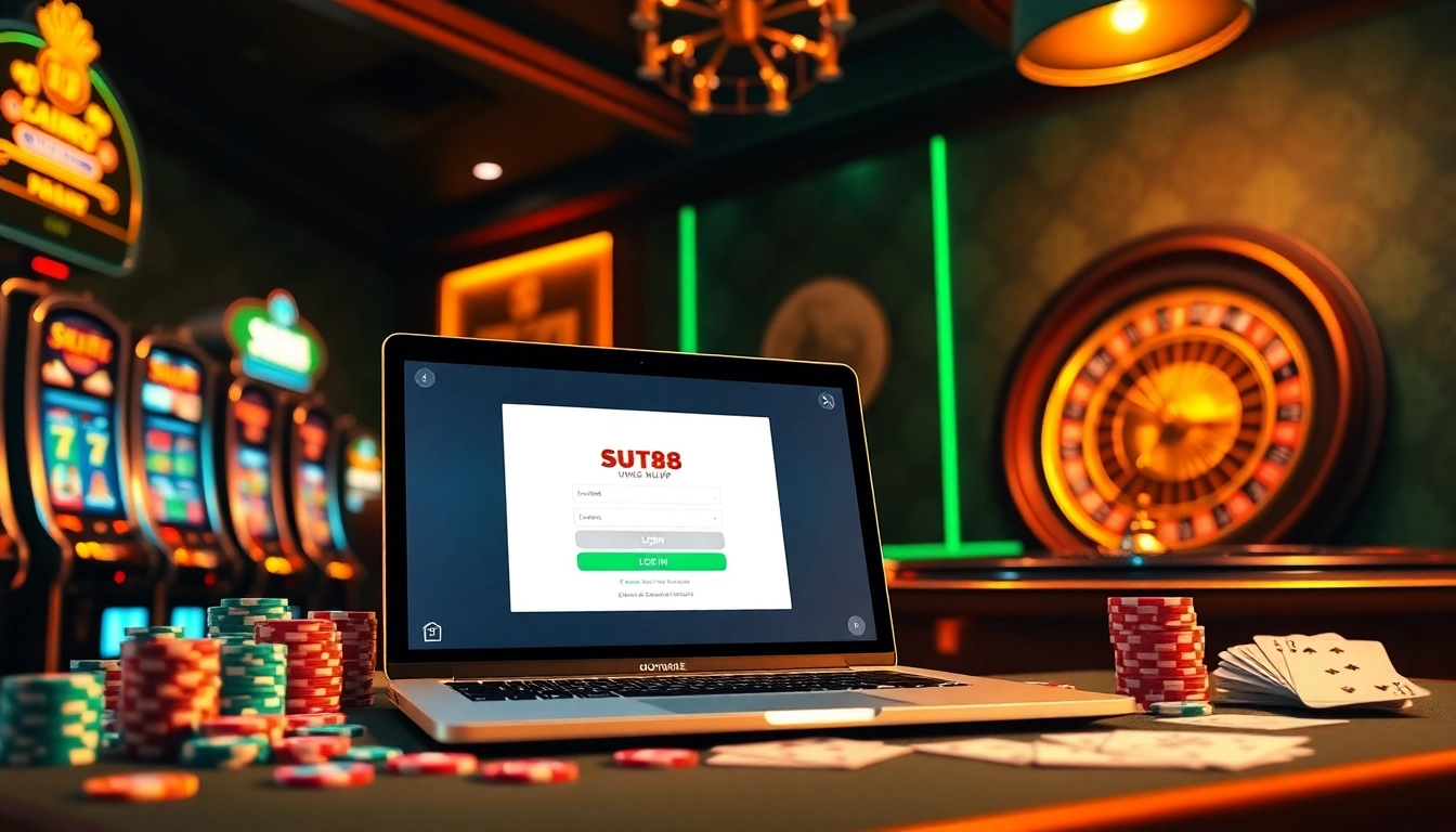 SUT88 ĐĂNG NHẬP interface displayed on a laptop surrounded by poker chips and slot machines, inviting online gamblers to join the action.