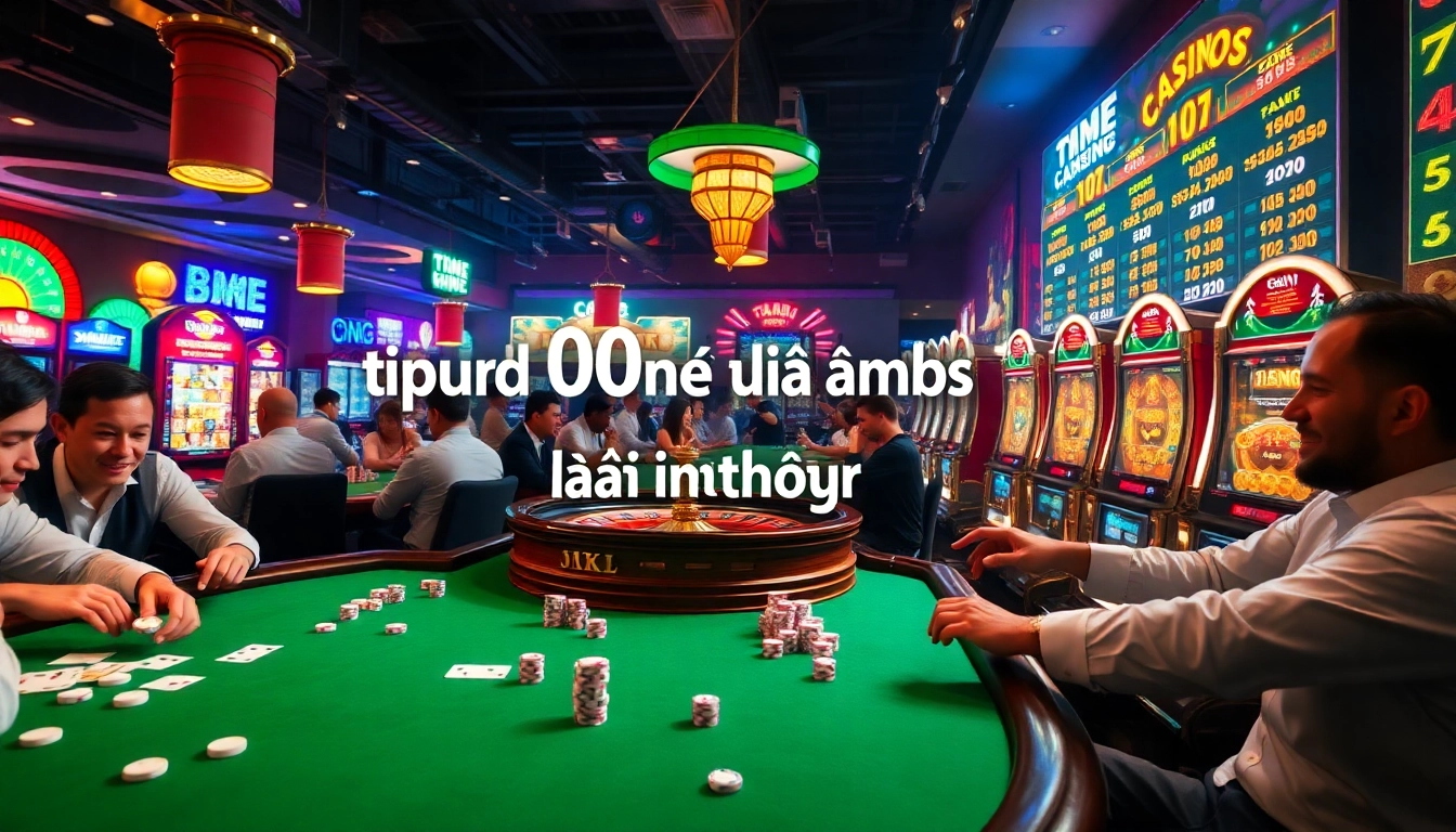 Exciting scene showcasing top 10 game bài đổi thưởng in a vibrant casino with players enjoying card games and roulette.