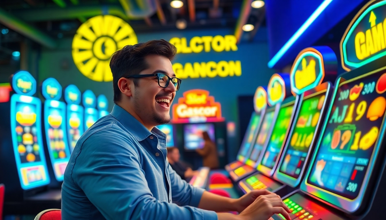 Experience the thrill of slot gacor with vibrant colors and an enthusiastic player at a modern casino.
