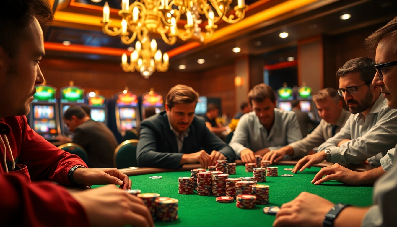 Supertkb88 poker table with colorful chips and strategic players engaging in a lively game.