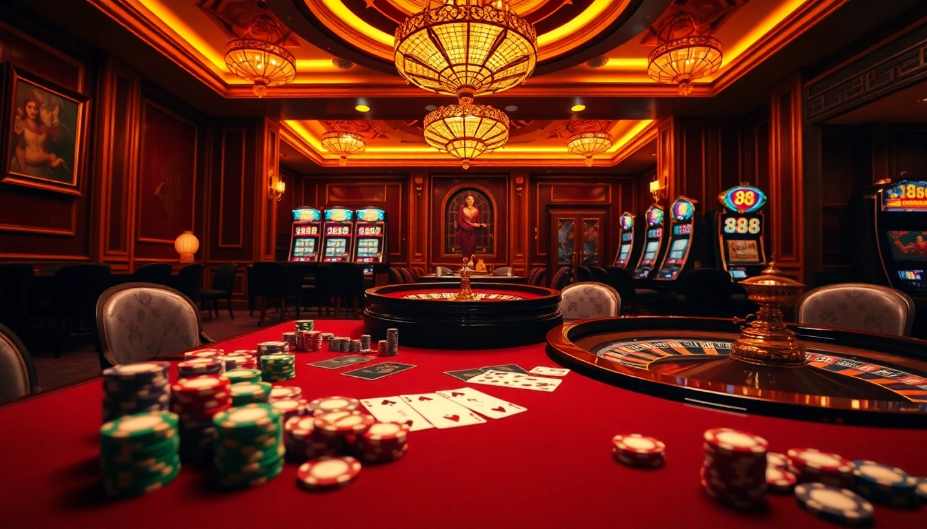 Experience the thrill of 88CLB at our vibrant casino tables, featuring poker chips and roulette wheels.