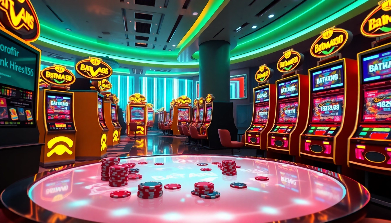 Discover the link alternatif batman138 in a vibrant casino atmosphere with flashing lights and slot machines.